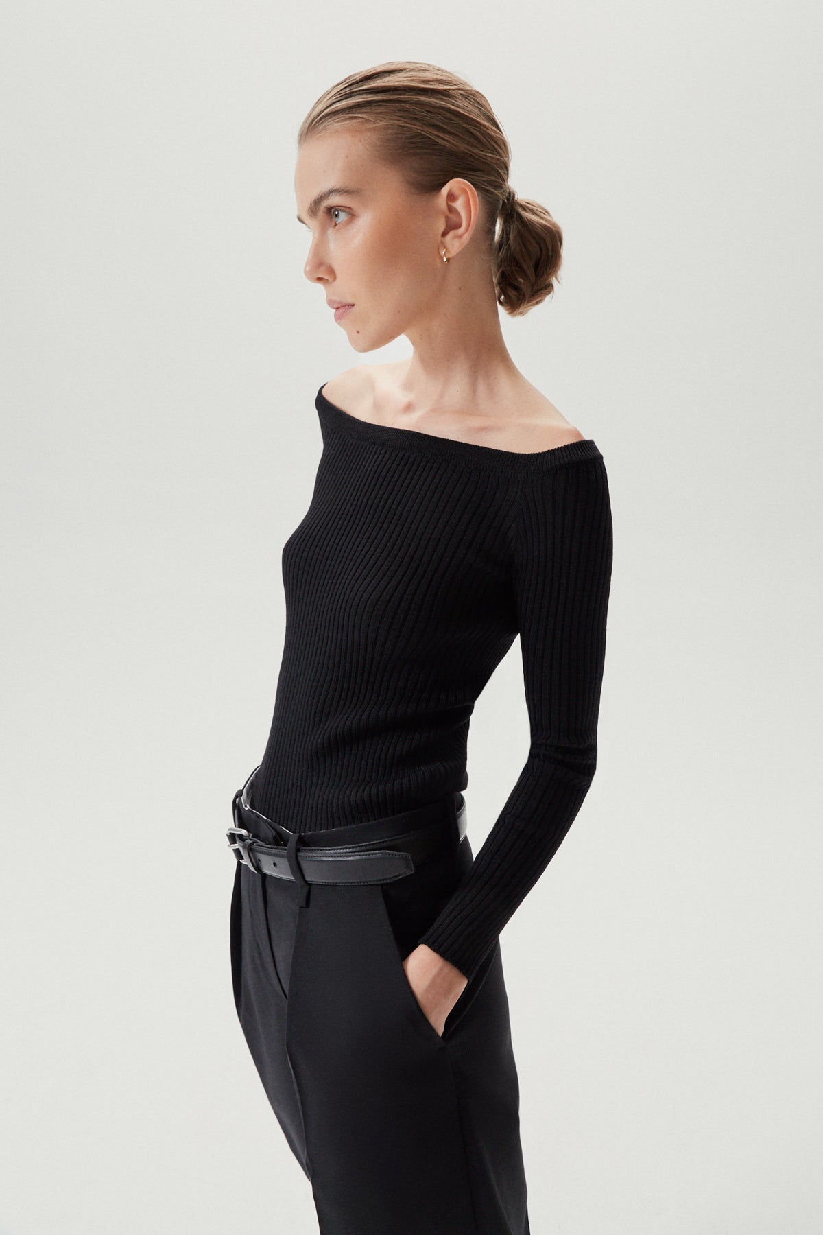 the merino wool off the shoulder top black