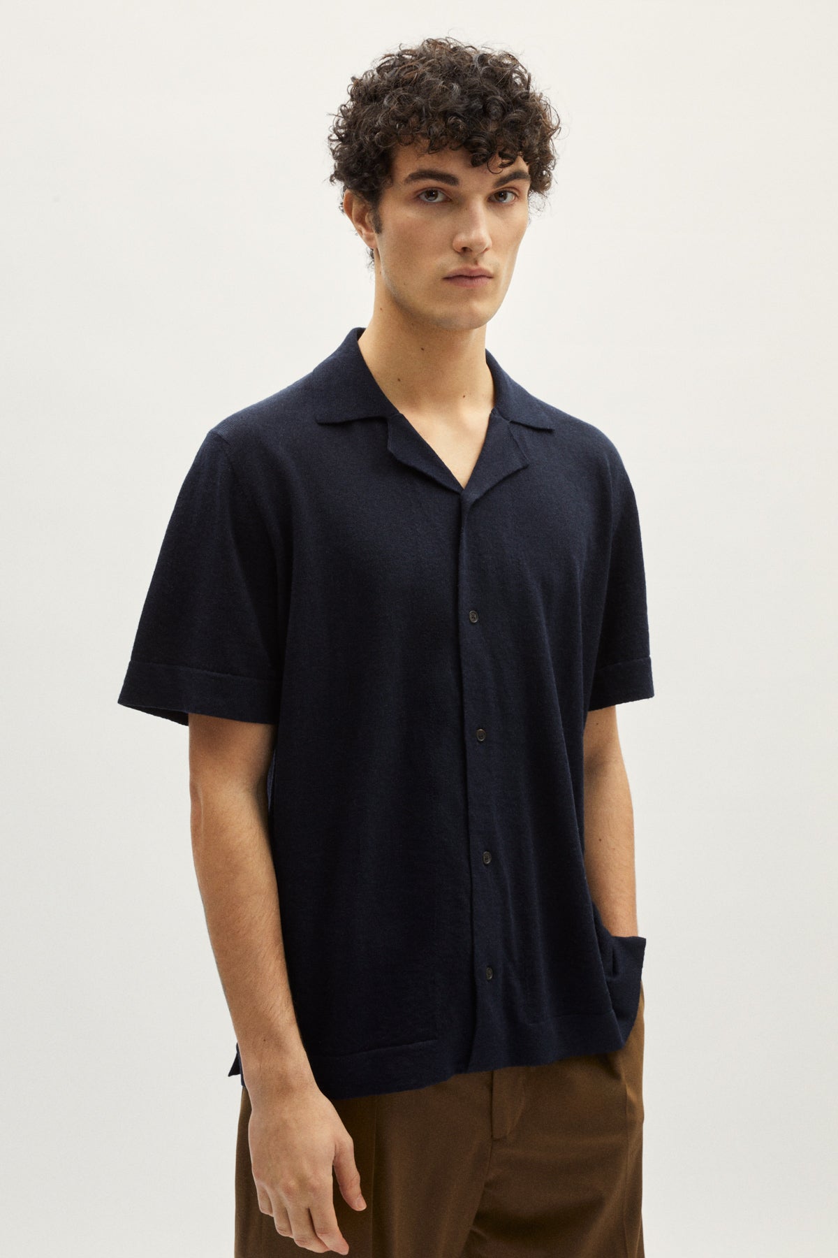 the linen cotton bowling shirt blue navy