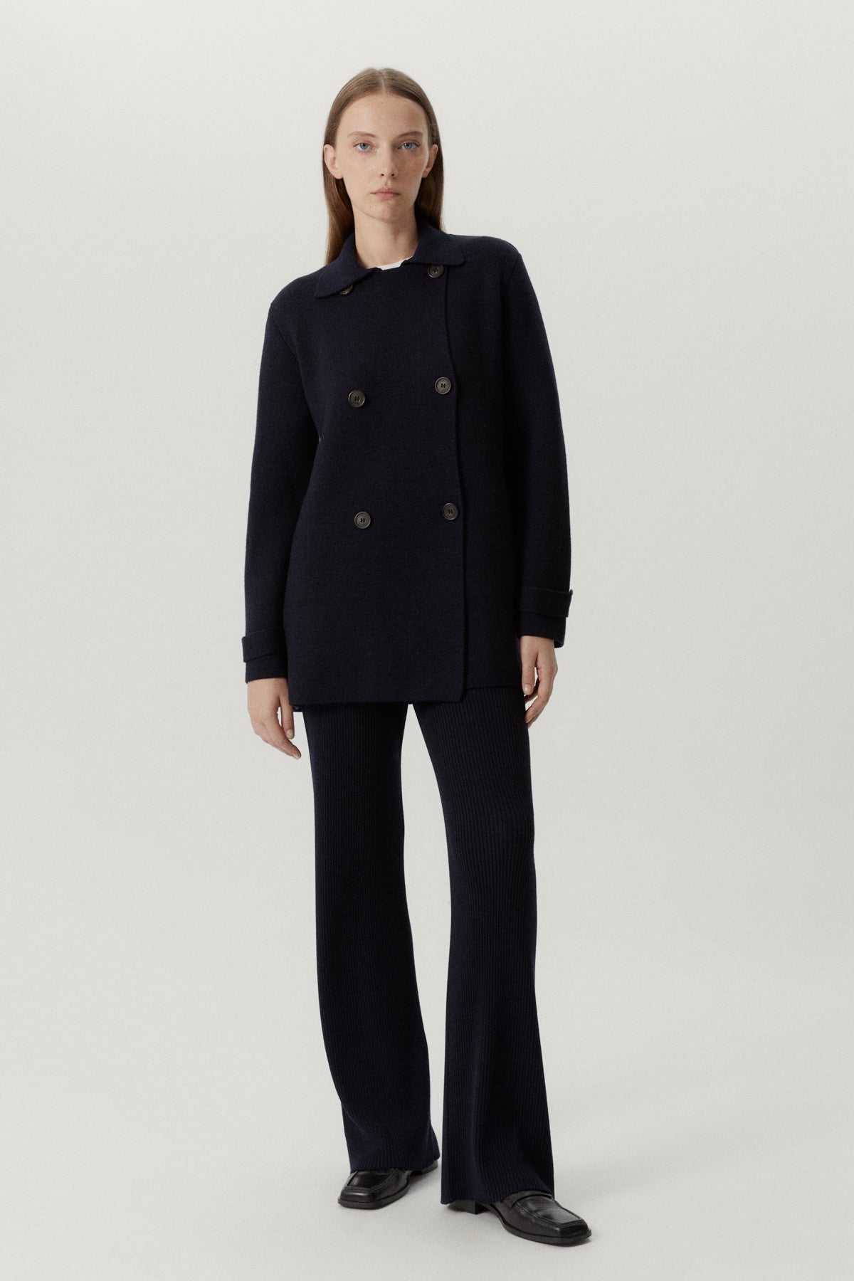 the merino wool double breasted jacket oxford blue