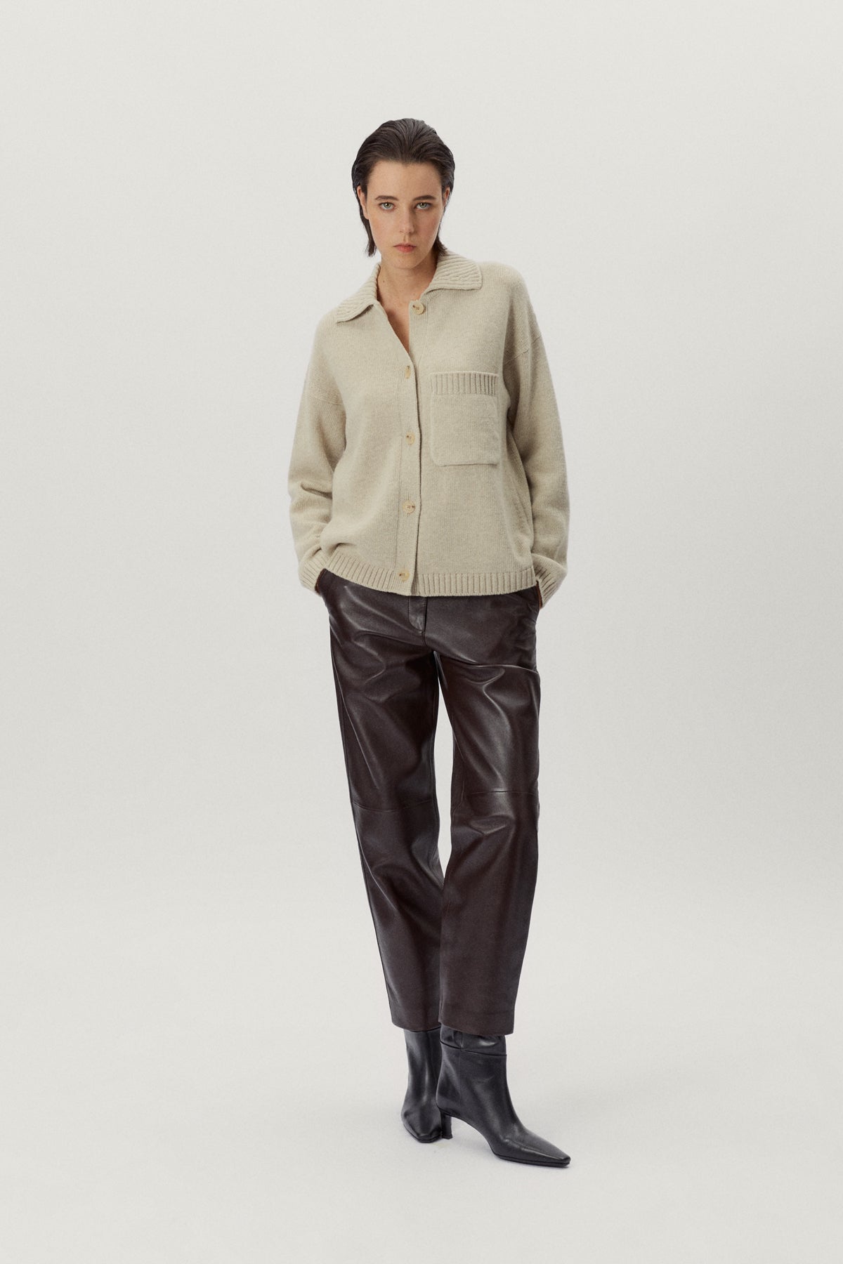the woolen polo collar jacket ecru
